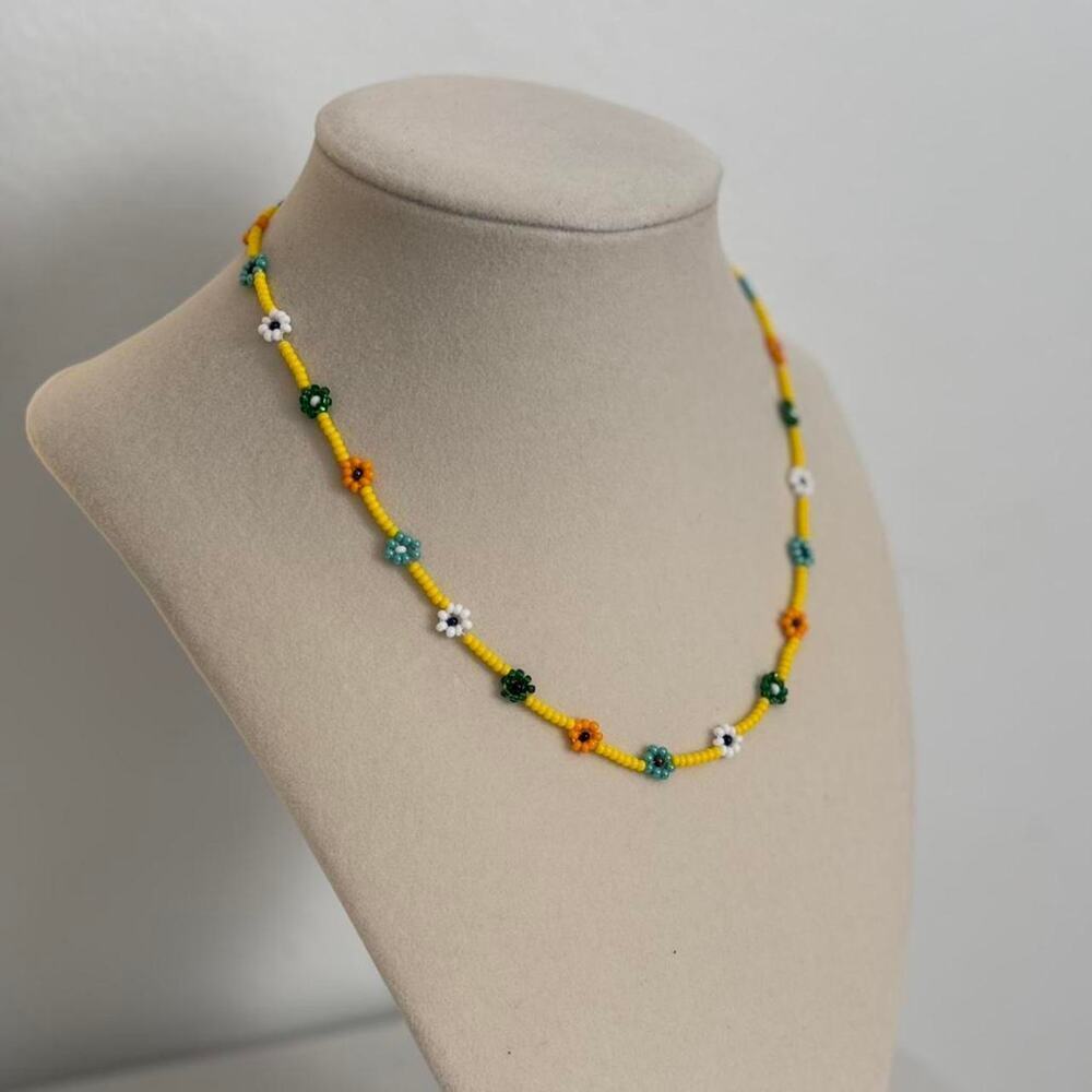 Yellow Green Beaded Flower Necklace Handmade Floral Jewelry Unique Gift - Picture 3 of 4